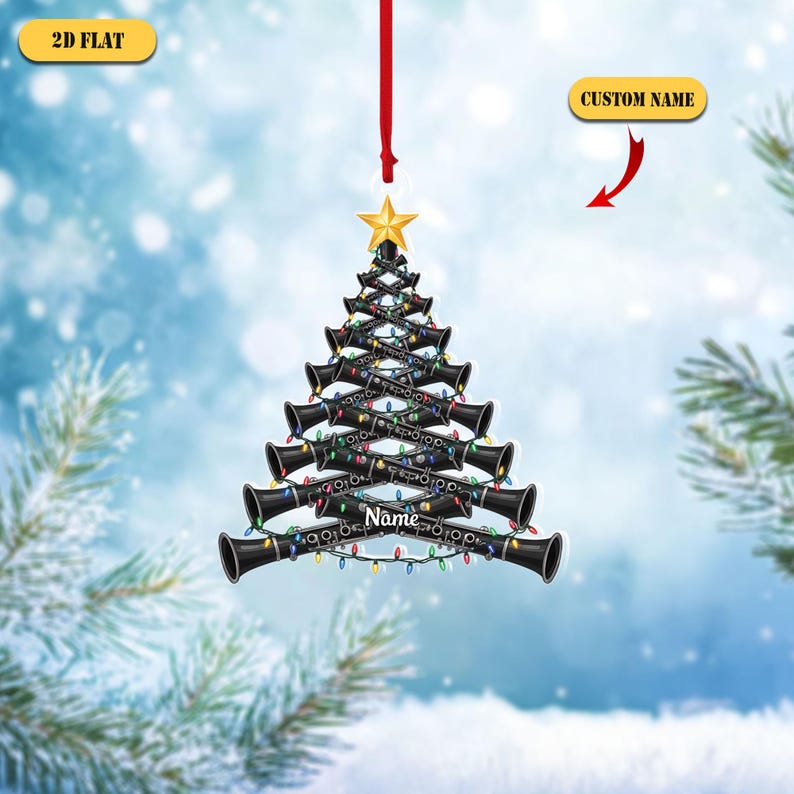Personalized Clarinet Christmas Tree 2D Flat Ornament, Custom Name Musician Ornament, Gift for Band Player, Clarinetist or Music Teacher