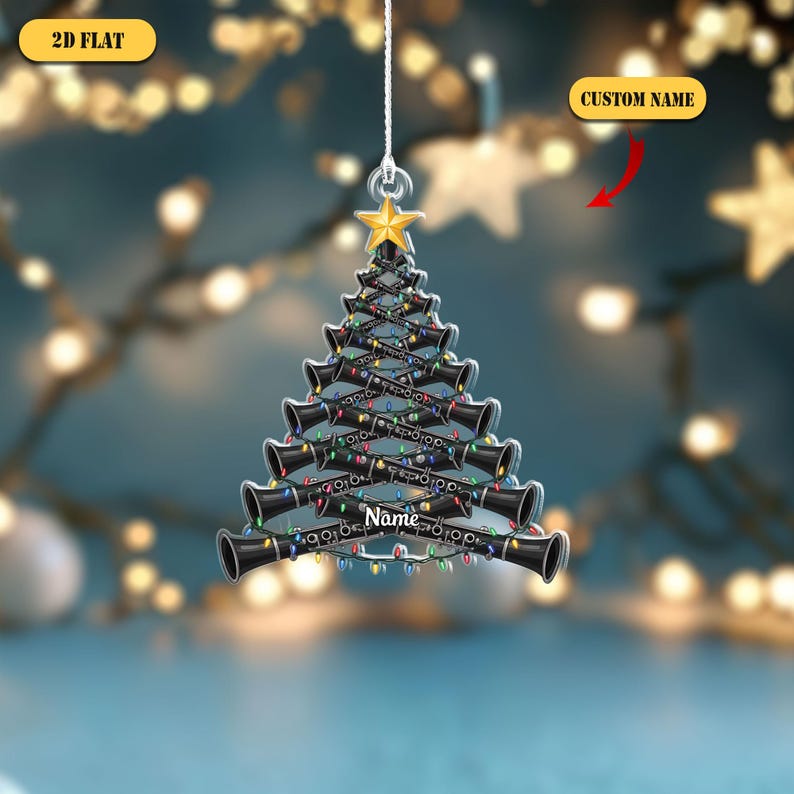 Personalized Clarinet Christmas Tree 2D Flat Ornament, Custom Name Musician Ornament, Gift for Band Player, Clarinetist or Music Teacher