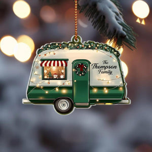 Christmas Camper 2D Flat Ornament, Personalized Family Name Acrylic Keepsake, RV Travel Gift