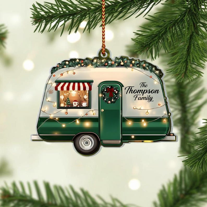 Christmas Camper 2D Flat Ornament, Personalized Family Name Acrylic Keepsake, RV Travel Gift