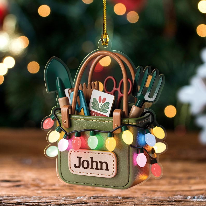 Custom Name Garden Tool Christmas Ornament, Christmas Tree Hanging Decoration, Flat 2D Ornament Acrylic/Wooden, Gardening Lover Gift
