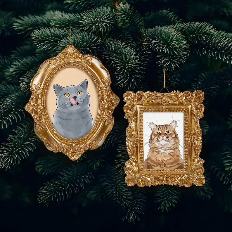 Personalized Cat Ornament, Custom Watercolor Pet Portrait from Picture, Vintage Style Frame Christmas Ornament