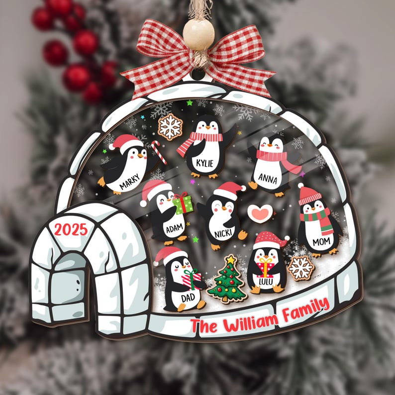 Customize Penguin Family Shaker Ornament, Custom Family Christmas Ornament 2025, Family and Pet Ornament Keepsake, 4D Shaker Ornament