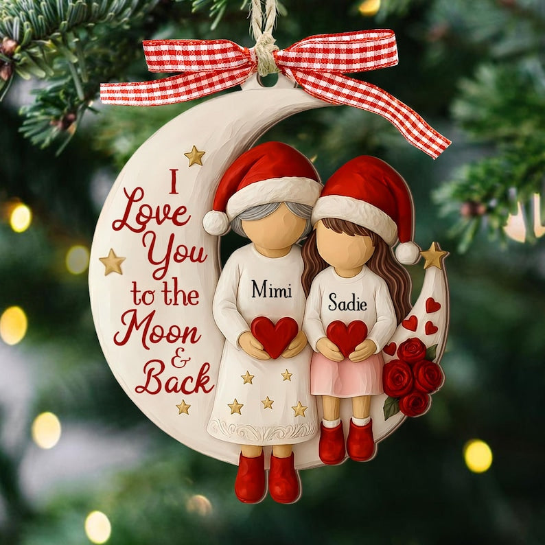 Custom Grandma and Grandson Ornament,  Grandkids Gift, Flat 2d I love you to the moon and back Wood ornament, Grandma Christmas keepsake