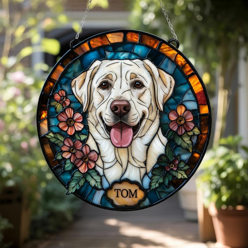 Custom Pet Portrait Stained Glass Suncatcher, Stained Glass Dog Memorial, Custom Dog Portrait from Photo, Pet Memorial Gift, Window hangings