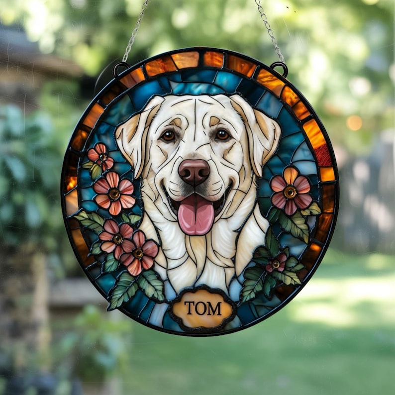 Custom Pet Portrait Stained Glass Suncatcher, Stained Glass Dog Memorial, Custom Dog Portrait from Photo, Pet Memorial Gift, Window hangings