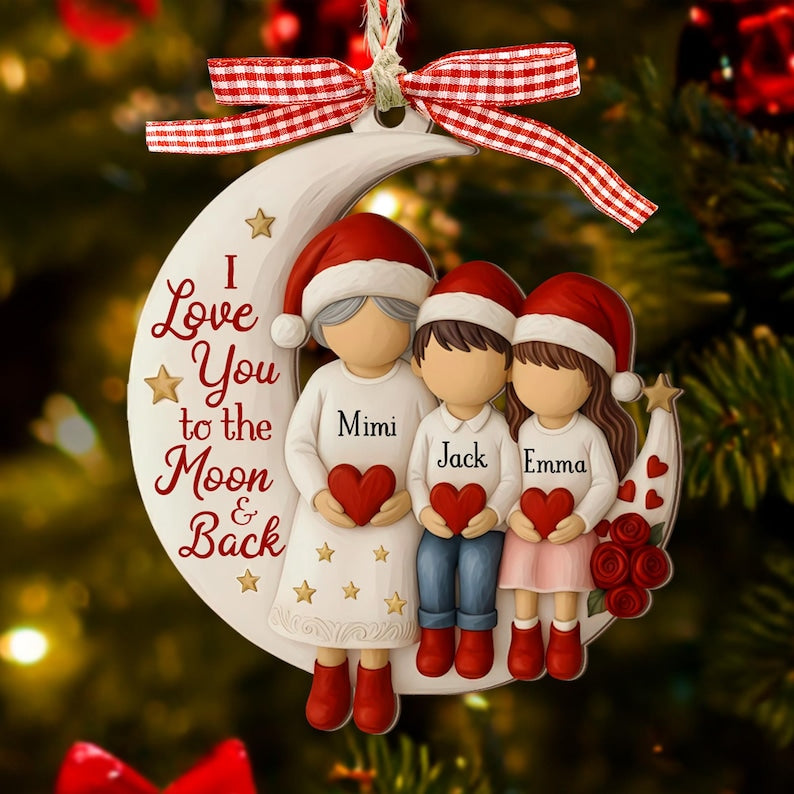 Custom Grandma and Grandson Ornament,  Grandkids Gift, Flat 2d I love you to the moon and back Wood ornament, Grandma Christmas keepsake