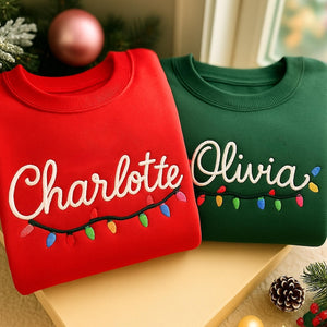 Christmas light name embroidered sweatshirt, toddler custom sweatshirt, Christmas holiday sweatshirt, kids shirt, girl boy Christmas