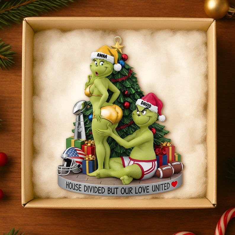 Personalized Green Monster Couple Football Christmas Ornament, House Divided Ornament, Football Orament, Merry Grinchmas Mr Mrs Ornament