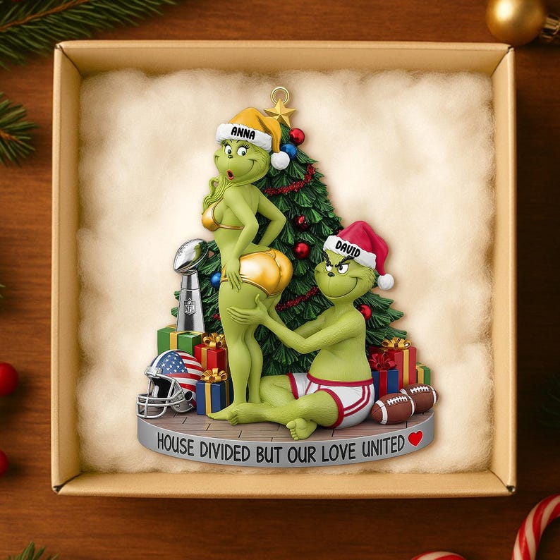 Personalized Green Monster Couple Football Christmas Ornament, House Divided Ornament, Football Orament, Merry Grinchmas Mr Mrs Ornament
