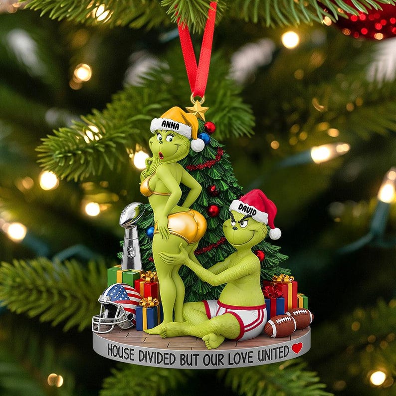 Personalized Green Monster Couple Football Christmas Ornament, House Divided Ornament, Football Orament, Merry Grinchmas Mr Mrs Ornament