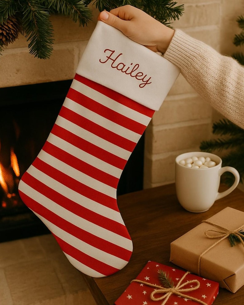 Personalized Plaid Christmas Stocking: Embroidered Family Holiday Decor