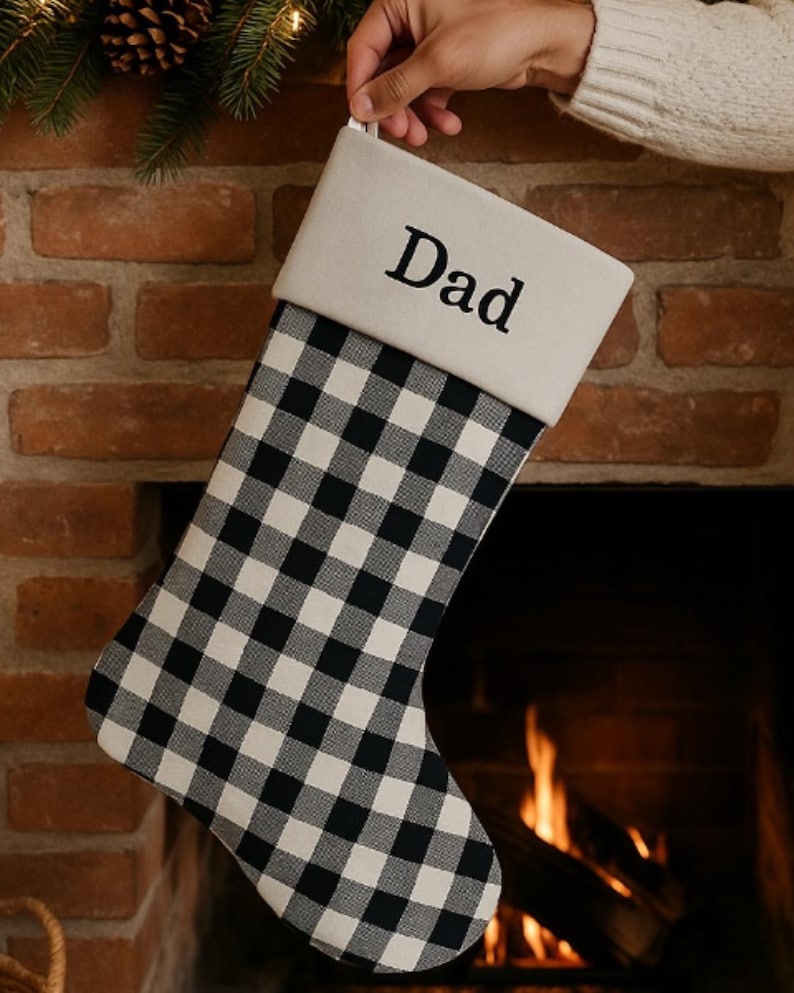 Personalized Plaid Christmas Stocking: Embroidered Family Holiday Decor