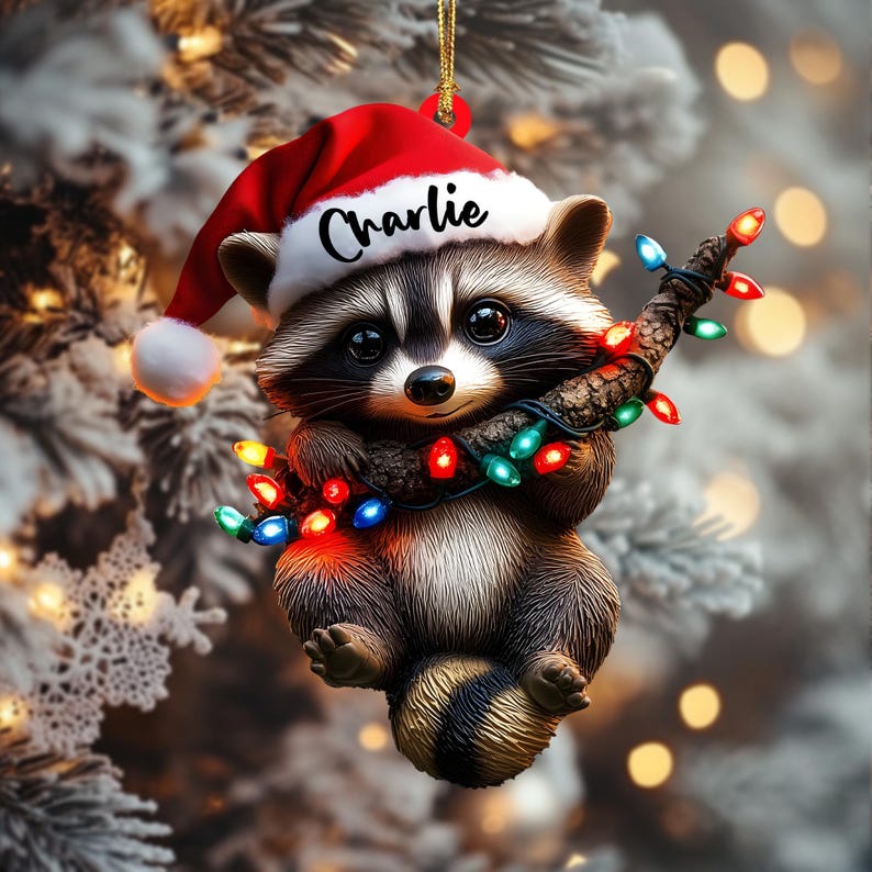 Acrylic Raccoon Christmas Ornament, Cute Santa Hat Woodland Animal, Holding String Lights, Personalized Name & Year, Xmas Tree Decor 2025