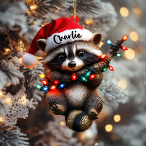 Acrylic Raccoon Christmas Ornament, Cute Santa Hat Woodland Animal, Holding String Lights, Personalized Name & Year, Xmas Tree Decor 2025