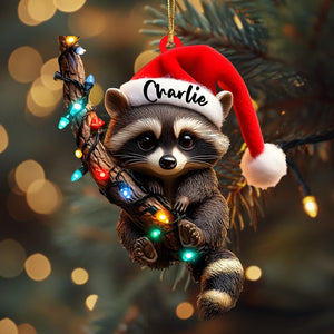 Acrylic Raccoon Christmas Ornament, Cute Santa Hat Woodland Animal, Holding String Lights, Personalized Name & Year, Xmas Tree Decor 2025