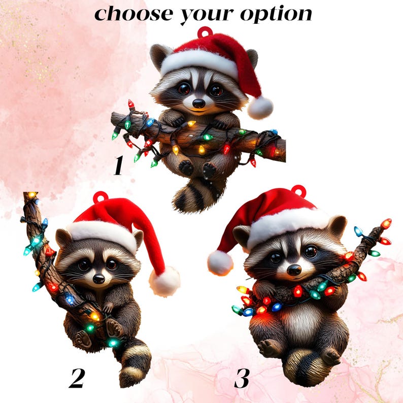 Acrylic Raccoon Christmas Ornament, Cute Santa Hat Woodland Animal, Holding String Lights, Personalized Name & Year, Xmas Tree Decor 2025