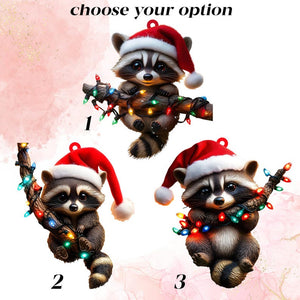 Acrylic Raccoon Christmas Ornament, Cute Santa Hat Woodland Animal, Holding String Lights, Personalized Name & Year, Xmas Tree Decor 2025