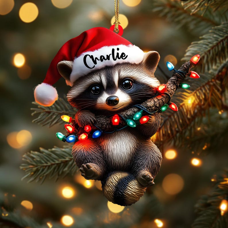 Acrylic Raccoon Christmas Ornament, Cute Santa Hat Woodland Animal, Holding String Lights, Personalized Name & Year, Xmas Tree Decor 2025