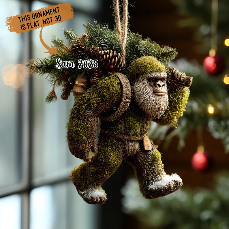 Bigfoot Christmas Ornament, Mossy Sasquatch with Pine Branch Cones, Woodland Holiday Decor, Custom Name Year, Rustic Cabin Xmas 2025