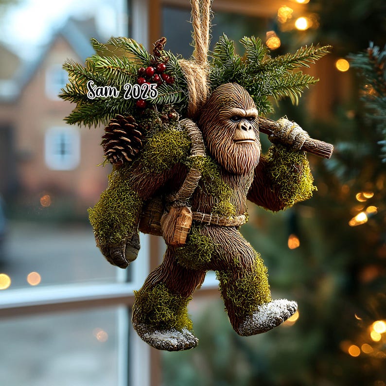 Bigfoot Christmas Ornament, Mossy Sasquatch with Pine Branch Cones, Woodland Holiday Decor, Custom Name Year, Rustic Cabin Xmas 2025