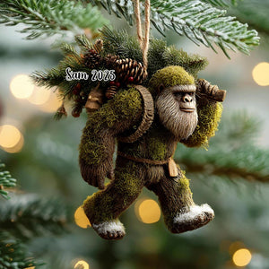 Bigfoot Christmas Ornament, Mossy Sasquatch with Pine Branch Cones, Woodland Holiday Decor, Custom Name Year, Rustic Cabin Xmas 2025