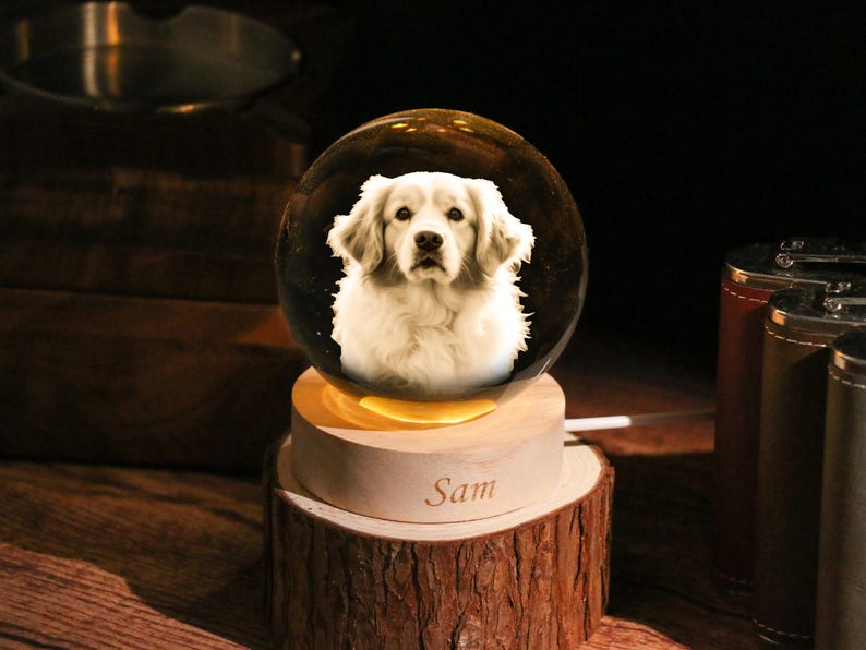 Personalized Round 3D Crystal Pet Photo with LED Base - Custom Laser Engraved Photo Gift, Pet Lovers Decor