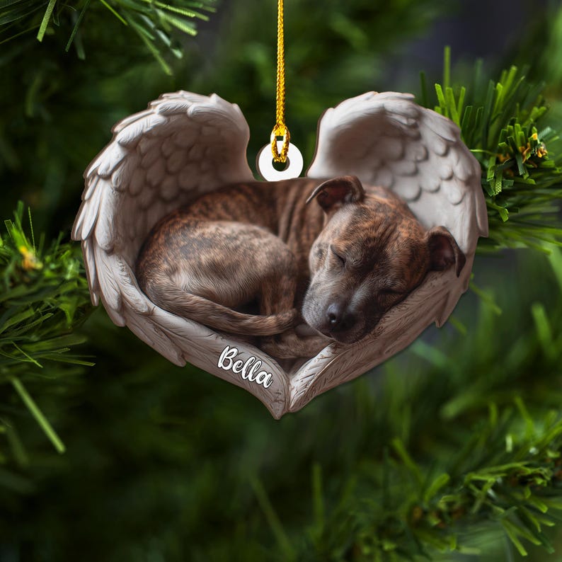 Personalized Brindle Staffy Dog Angel Ash Plywood Ornament Flat 2D Cutout Holiday Tree Decor Gift for Dog Lovers, Pet Memorial Keepsake