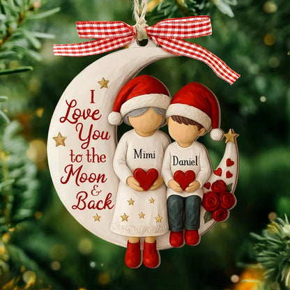 Custom Grandma and Grandson Ornament,  Grandkids Gift, Flat 2d I love you to the moon and back Wood ornament, Grandma Christmas keepsake