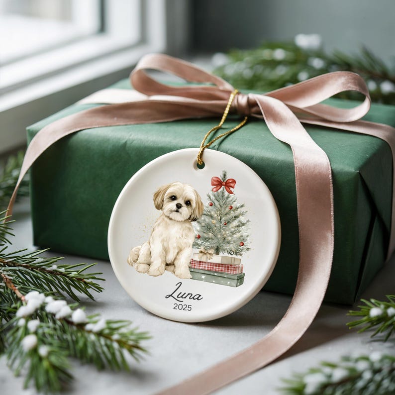 Personalized Shih Tzu Christmas Ornament: Shih Tzu Christmas Keepsake, Custom Name Watercolor Xmas 2025