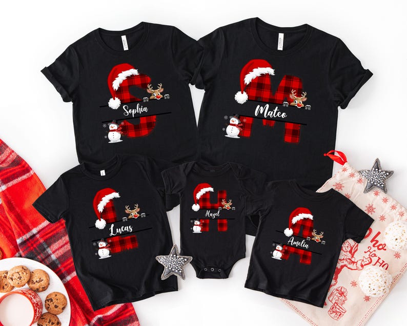 Custom Name Letter Christmas Shirt Personalized Red Plaid Christmas Custom Name Shirt Holiday Family Matching Tee