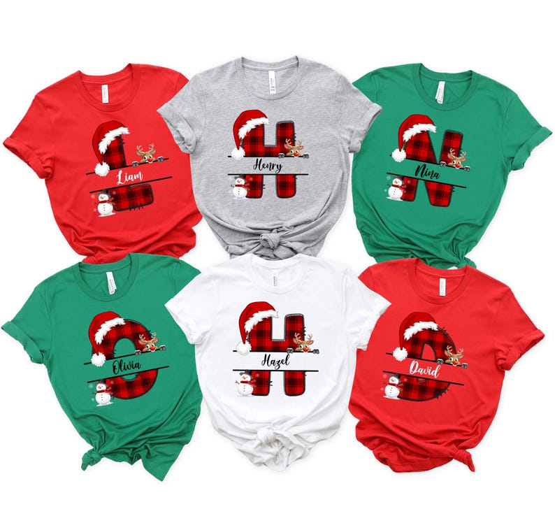 Custom Name Letter Christmas Shirt Personalized Red Plaid Christmas Custom Name Shirt Holiday Family Matching Tee