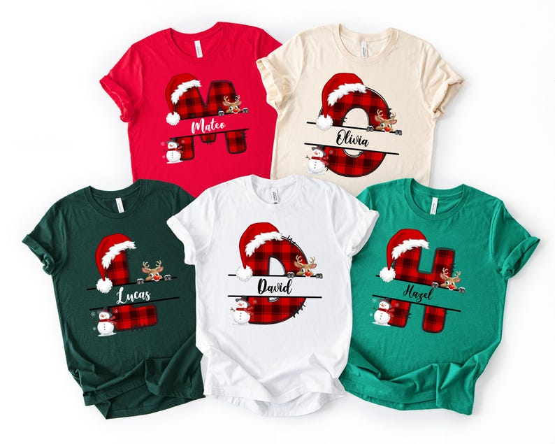 Custom Name Letter Christmas Shirt Personalized Red Plaid Christmas Custom Name Shirt Holiday Family Matching Tee
