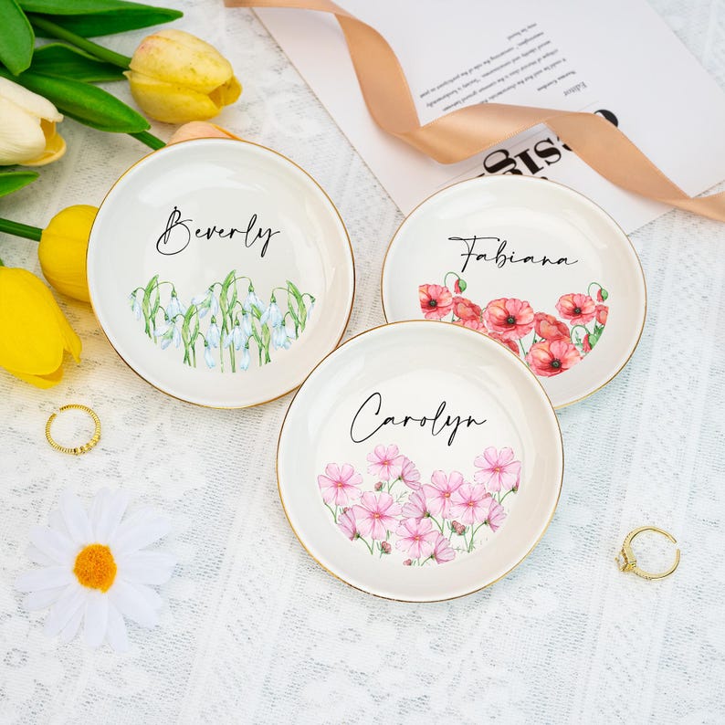Personalized Birth Flower Garden Ring Dis, Jewelry Dish, Romantic Flower Ring Dish for Friends, Wedding Party Gift for Bridesmaid, Birthday