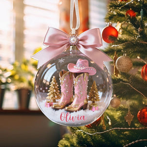 Pink Boot Christmas Ornament, Custom Name Cowboy Cowgirl Boots Ornament, Coquette Bow Hat Gift For Cowgirl, Horse Racing Ornament, Xmas Gift