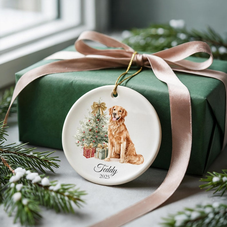 Personalized Red Golden Retriever Christmas Ornament: Custom Name Christmas Keepsake Xmas 2025 Vintage Style