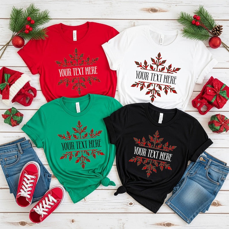 Custom Christmas Shirt Plaid Snowflake Family Name Tee Personalized Holiday Group Shirts Matching Cousin Crew Christmas Party Gift