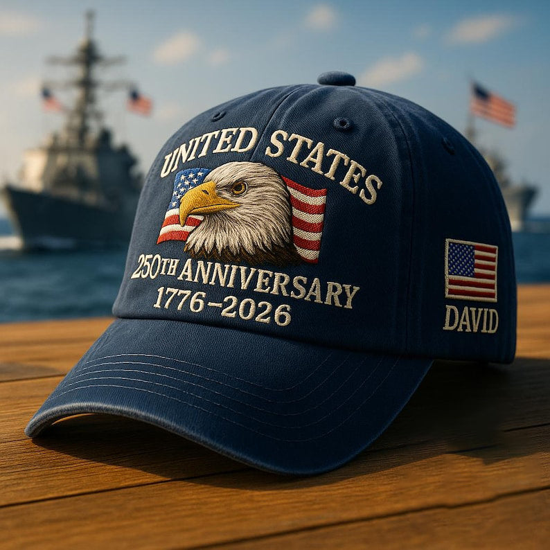 Custom Name United States 250th Anniversary Hat 1776 2026 White Eagle Embroidered Cap Patriotic USA Flag Made in America Veteran Gift