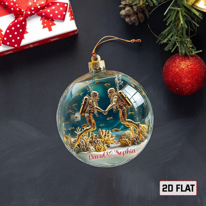Custom 2D FLAT Scuba Diving Couples Ornament, Christmas Gift for Wife Husband, Christmas Tree Decor, Scuba Diver Ornament, Scuba Diver Gifts