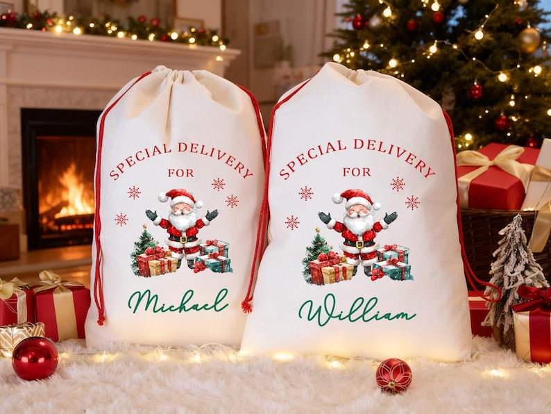 Custom Santa Sack | Thick Canvas Personalised Christmas Present Gift Bag for Him Her Kids Adults | Add Name Initial Xmas Stocking