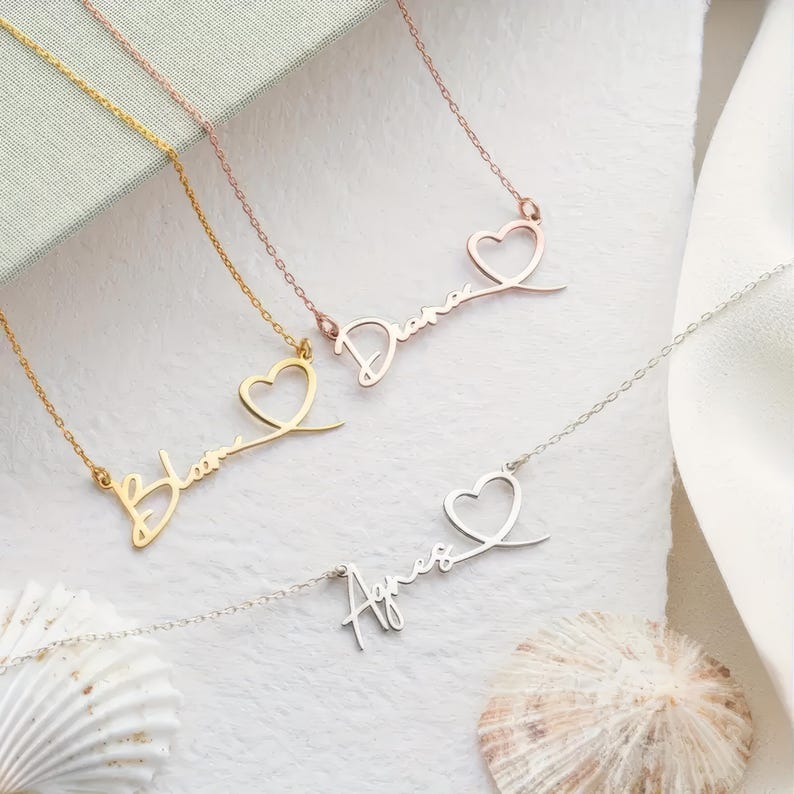 Personalized Handwriting Name Necklace: Sterling Silver Heart,Custom 14K Gold,Personalized Name Necklace With Heart Necklace,Gift For Her