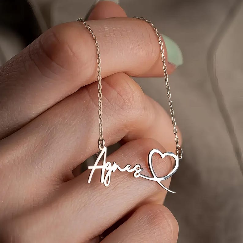 Personalized Handwriting Name Necklace: Sterling Silver Heart,Custom 14K Gold,Personalized Name Necklace With Heart Necklace,Gift For Her