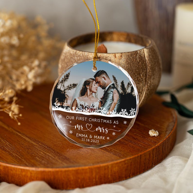 Personalized First Christmas Married Ornament - Custom Married Photo Ornament - Our First Christmas As Mr & Mrs Ornament - Newlywed Keepsake