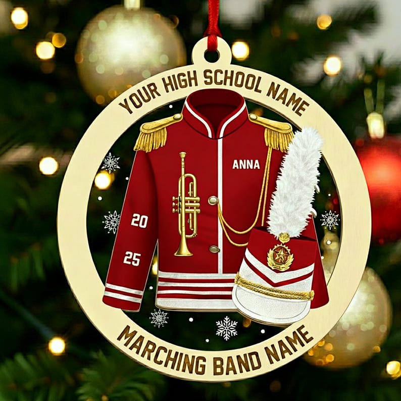 Custom Marching Band Trumpet Ornament, High School Band Uniform Music Team Instrument Christmas Gift