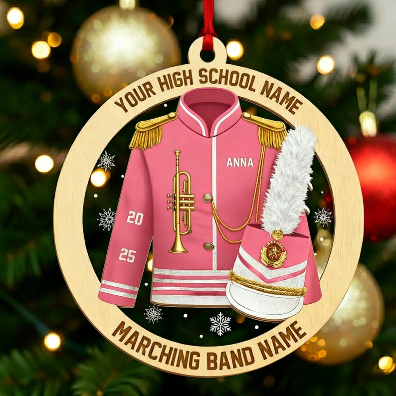 Custom Marching Band Trumpet Ornament, High School Band Uniform Music Team Instrument Christmas Gift