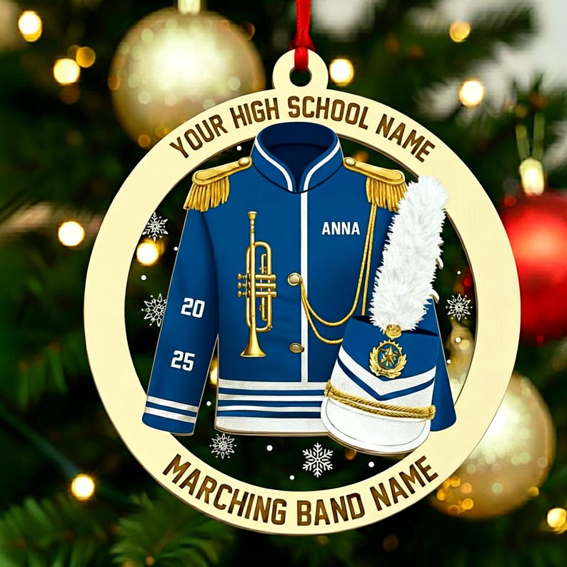 Custom Marching Band Trumpet Ornament, High School Band Uniform Music Team Instrument Christmas Gift