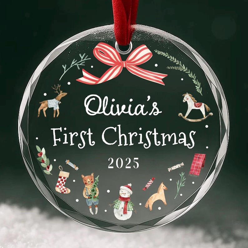 Personalized Baby's First Christmas Ornament 2025 Custom Name Gift for Newborn Girl or Boy Glass Heart or Round Ornament Keepsake OR018