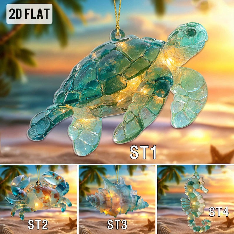 Sea Glass Ocean Ornament Set, 2D Flat Turtle Crab Shell Seahorse Christmas Decorations, Coastal Beach Decor, Sea Animal Christmas Decor