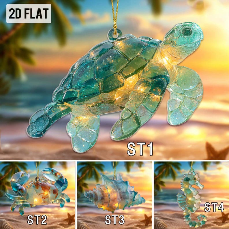 Sea Glass Ocean Ornament Set, Marineanimal 2D Flat Turtle Crab Shell Seahorse Christmas Decorations, Coastal Beach Decor, Sea Animal Christmas Decor