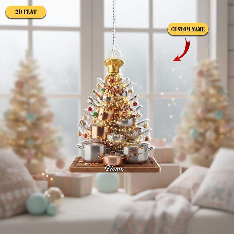 Personalized Chef Christmas Tree 2D Flat Acrylic Ornament, Custom Name Cooking Gift, Unique Holiday Kitchen Xmas Decoration for Food Lovers